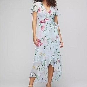 White House Black Market Short Sleeve Flutter Wrap Midi Light Blue Floral Dress